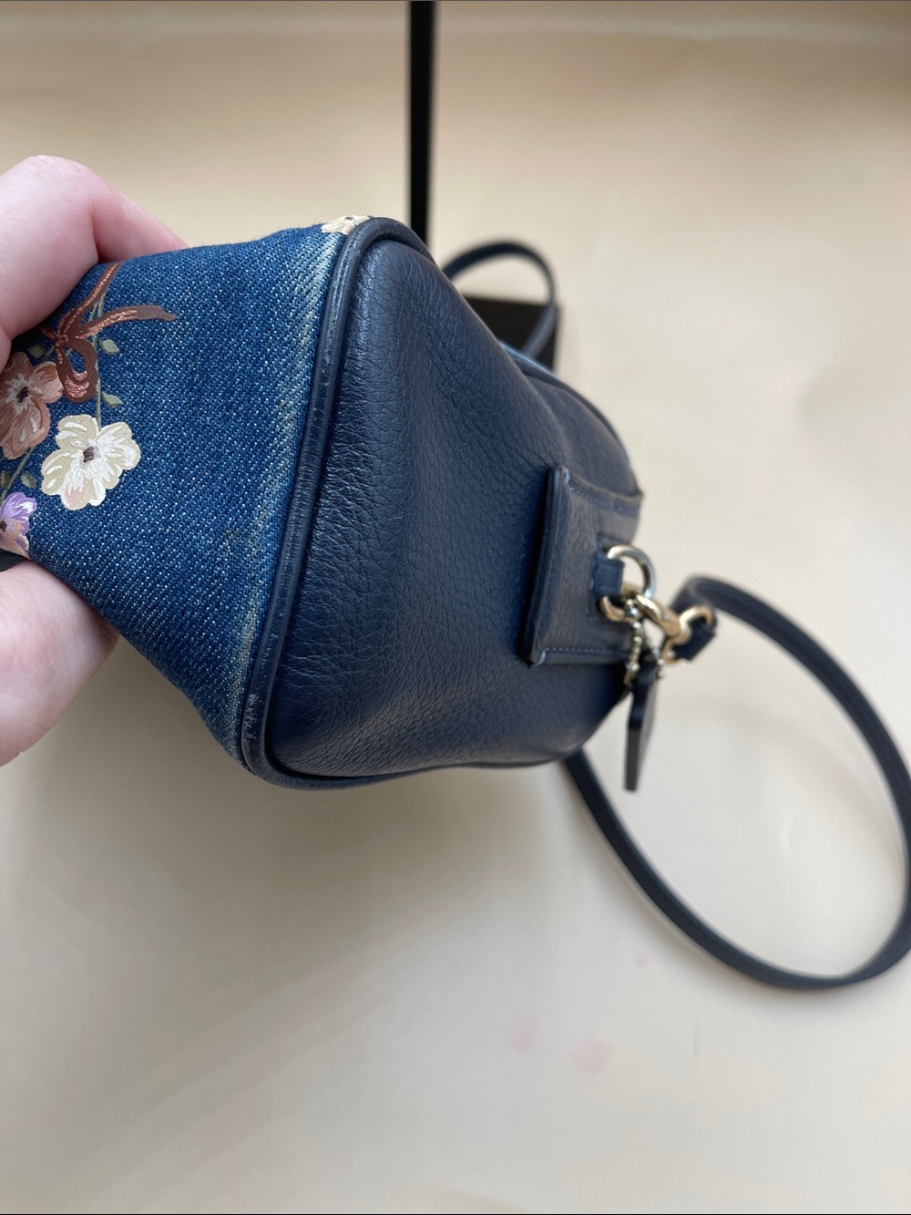 Coach Sierra Mini Satchel in Navy Floral Denim Crossbody with Dark Leather Trim - Picture 6 of 7
